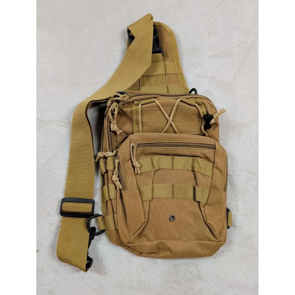 Khaki Tactical Sling Bag Canvas‎ MOLLE Shoulder Pack Crossbody Messenger Tan